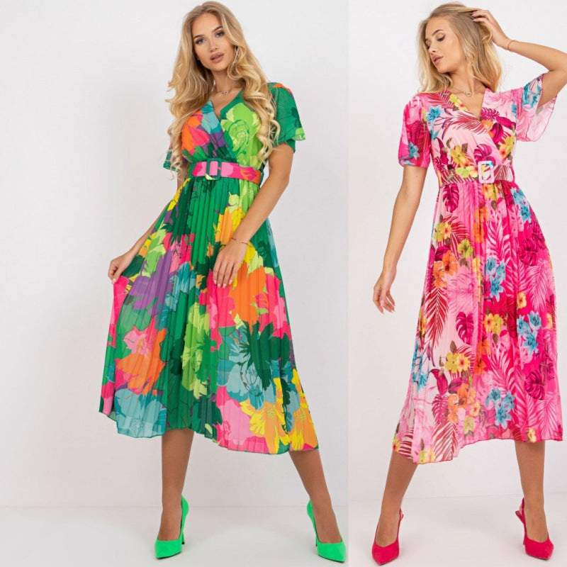 V-Neck Short Sleeve Floral Pleated Belted Midi Dress