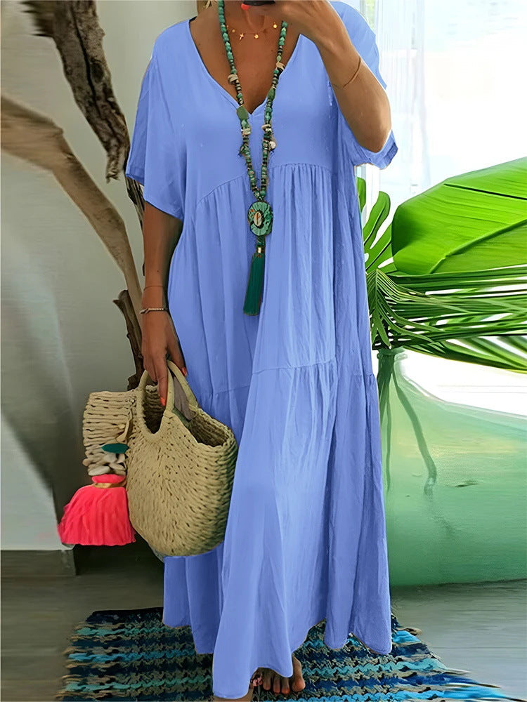 V-Neck Short Sleeve Tiered Maxi Dress Summer 4