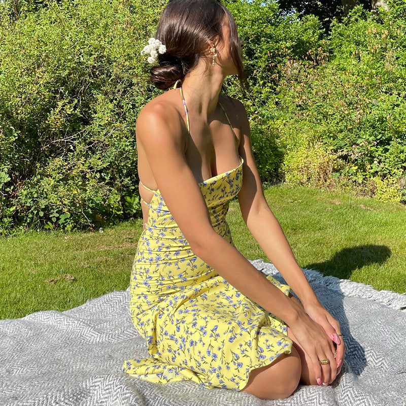 Halter Neck Floral High Split Backless Slip Maxi Dress - View 3