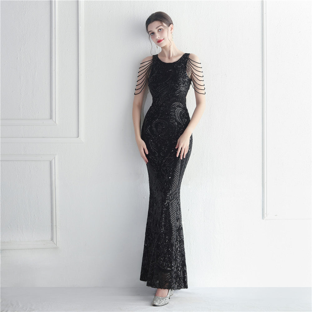 Sequin Beaded Round Neck Fringe Mermaid Maxi Gown - View 5