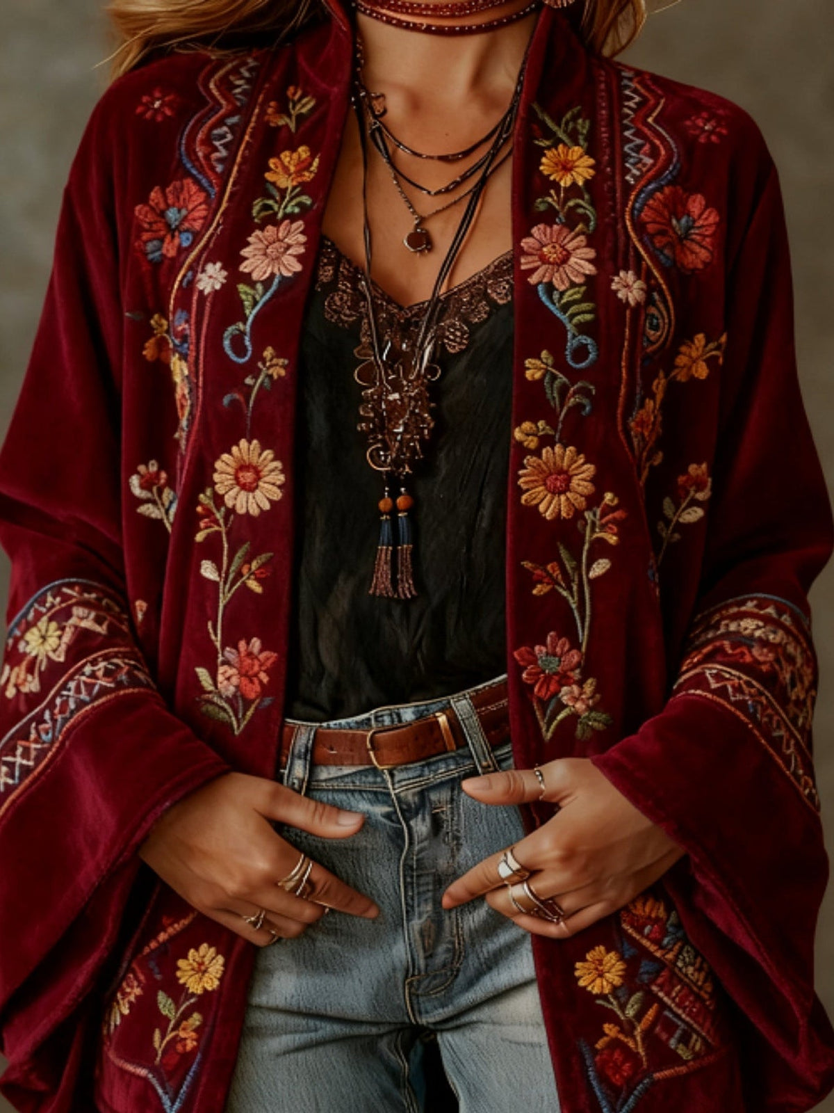 Paisley Velvet Boho Open Front Kimono Cardigan 6