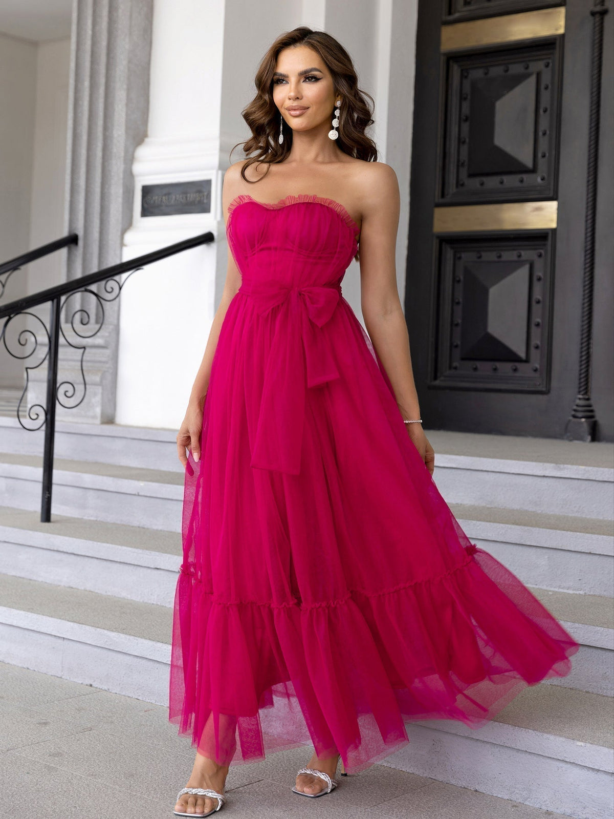 Mesh Dress Lace up Dress Ruffled Tied Mesh Straight - View 3