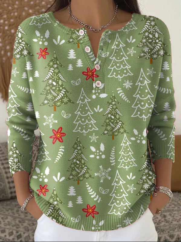 Christmas Tree Print Button Placket Long Sleeve Knit Top 3