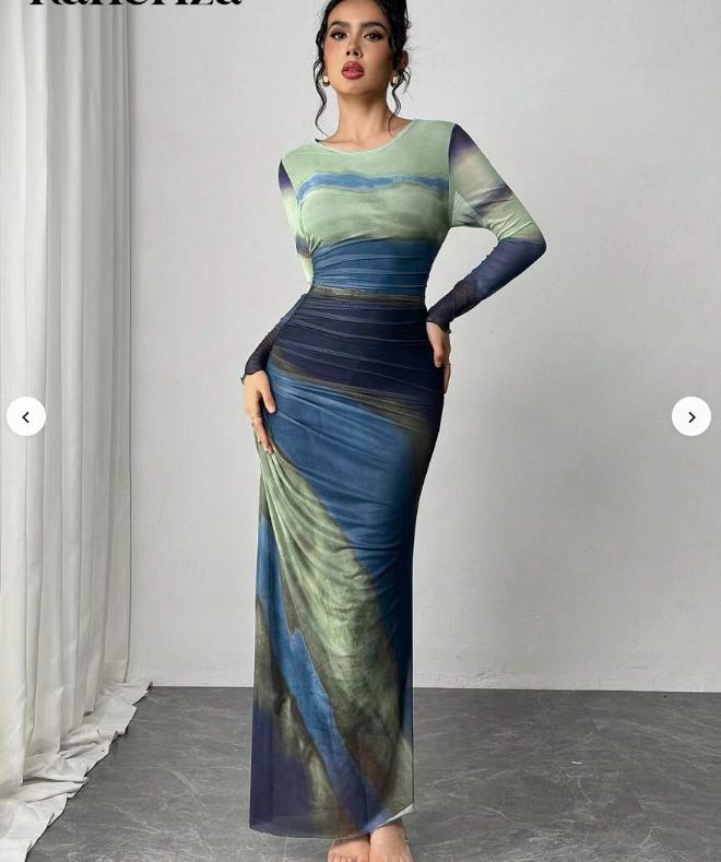 Abstract Print Long Sleeve Crop Top and Ruched Maxi Skirt Two Piece Set 10