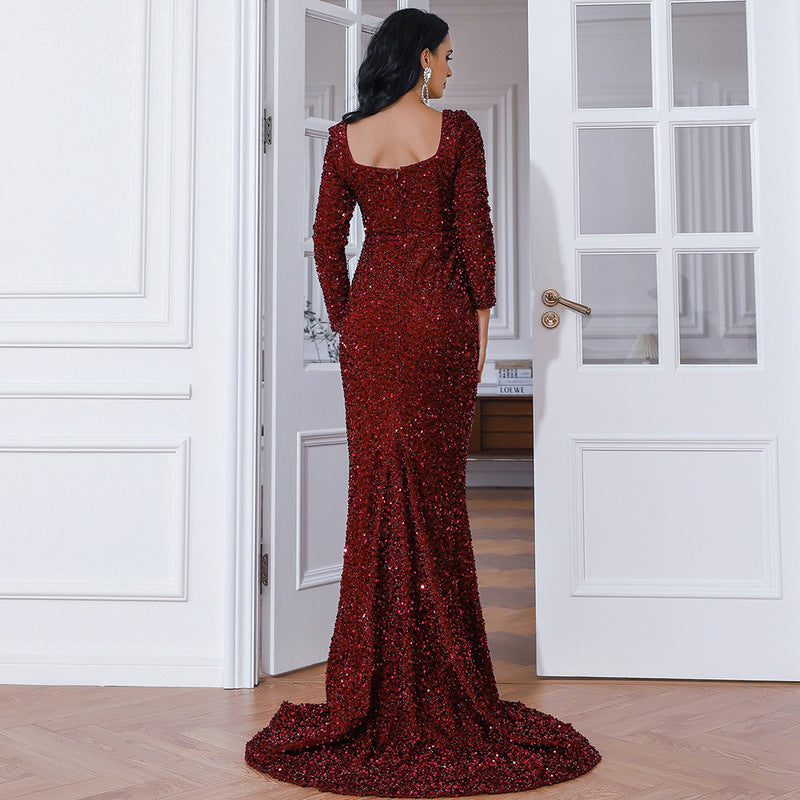 Sequin Sweetheart Off Shoulder Long Sleeve Mermaid Maxi Gown - View 4