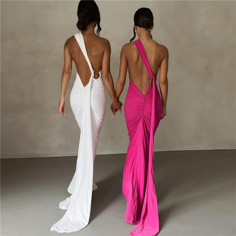 One Shoulder Backless Ruched Mermaid Maxi Gown