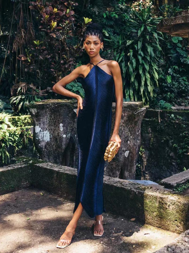 Fringe Halter Neck Back Slit Sleeveless Maxi Gown - View 3