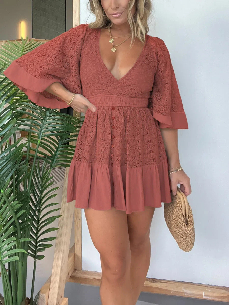 Lace Overlay Deep V-Neck Bell Sleeve Smocked Empire Mini Dress - View 3
