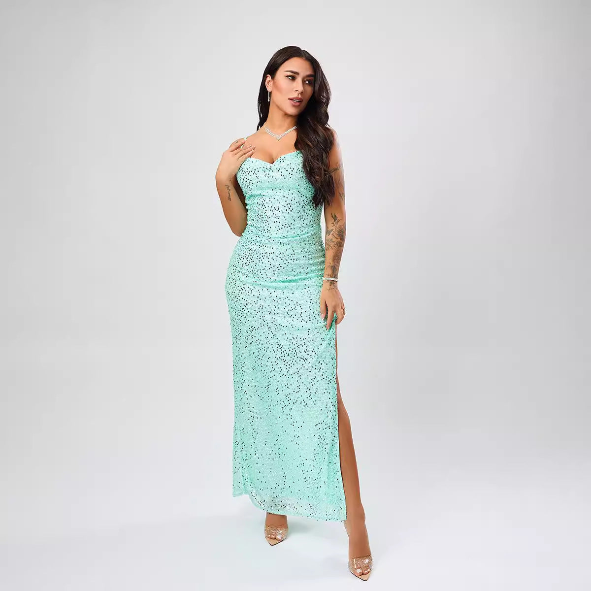 Sequin Spaghetti Strap Ruched High Split Bodycon Maxi Dress - View 2