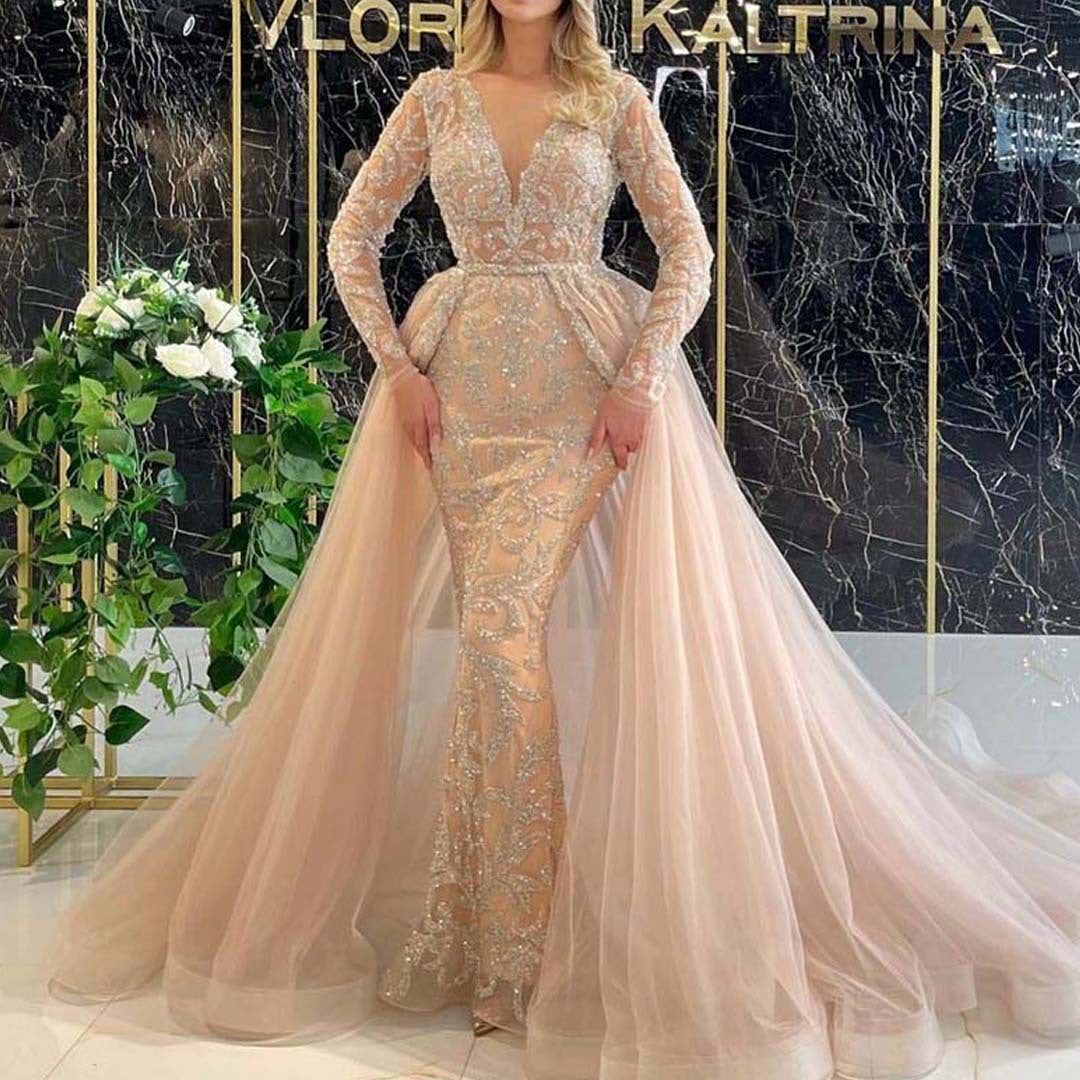 Sequin Mesh Deep V-Neck Long Sleeve Mermaid Overskirt Train Gown - View 4