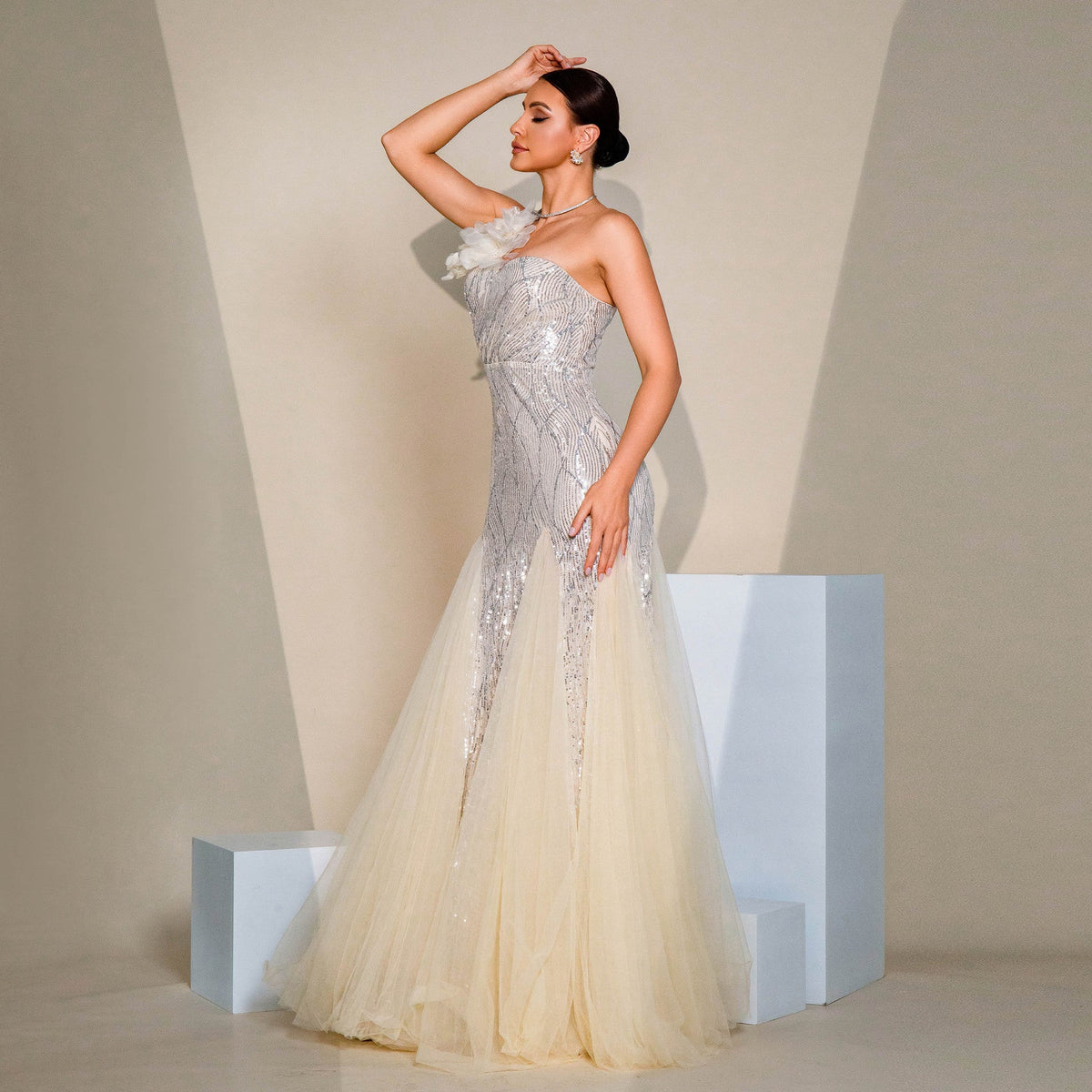 Sequin One Shoulder Floral Applique Tulle Maxi Gown - View 5