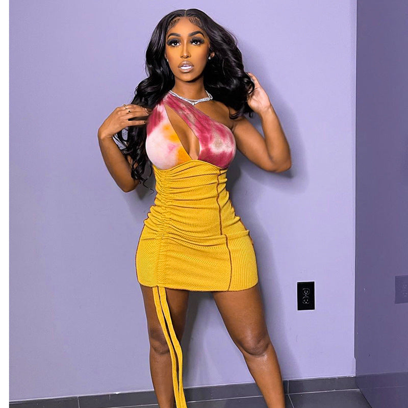 One Shoulder Cut Out Ruched Drawstring Hem Bodycon Mini Dress - View 2