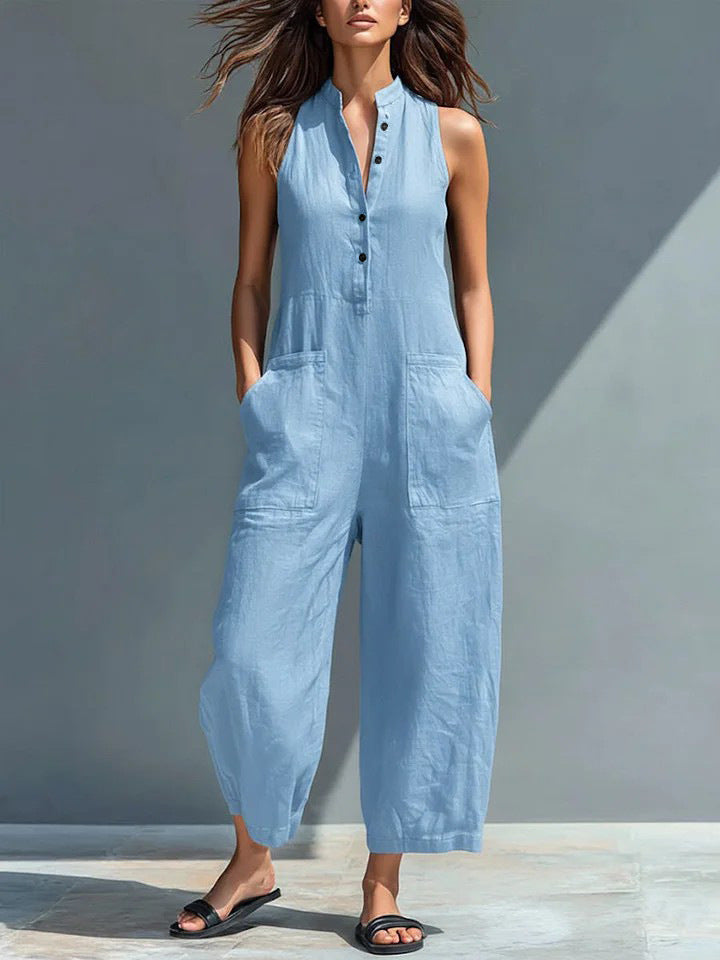 Sleeveless Button Front Wide Leg Jumpsuit 9