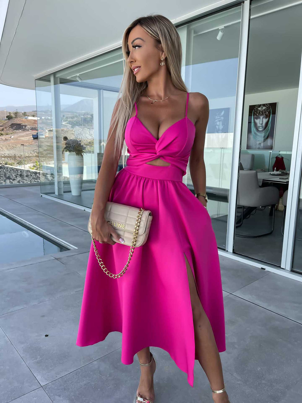 Spaghetti Strap V-Neck Twist Bust Cut Out High Split A-Line Maxi Dress - View 8