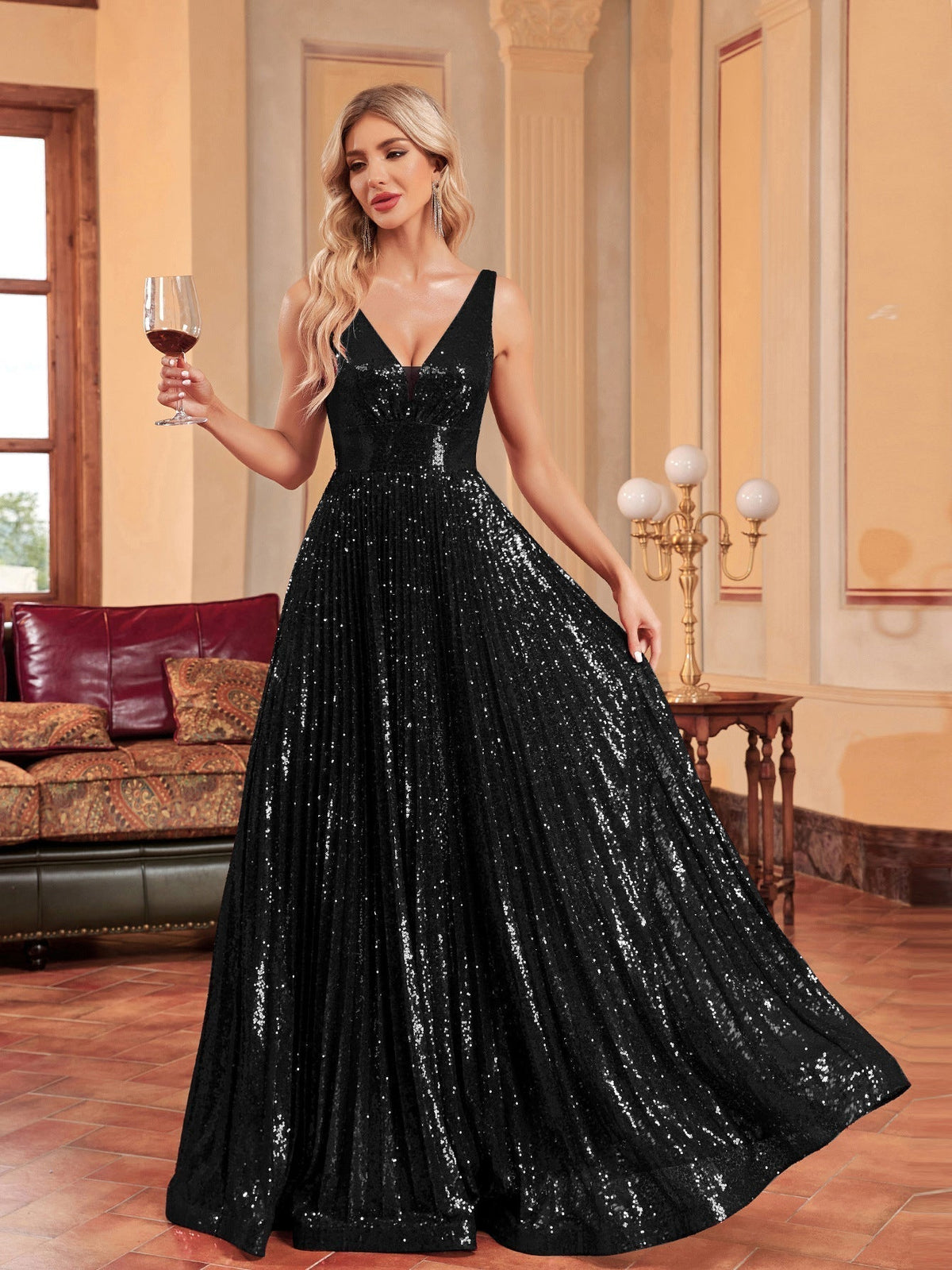Sequin Deep V-Neck Sleeveless Pleated A-Line Maxi Dress - View 2