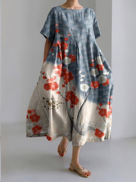 Floral Print Round Neck Drop Shoulder Short Sleeve Maxi Dress - View 3