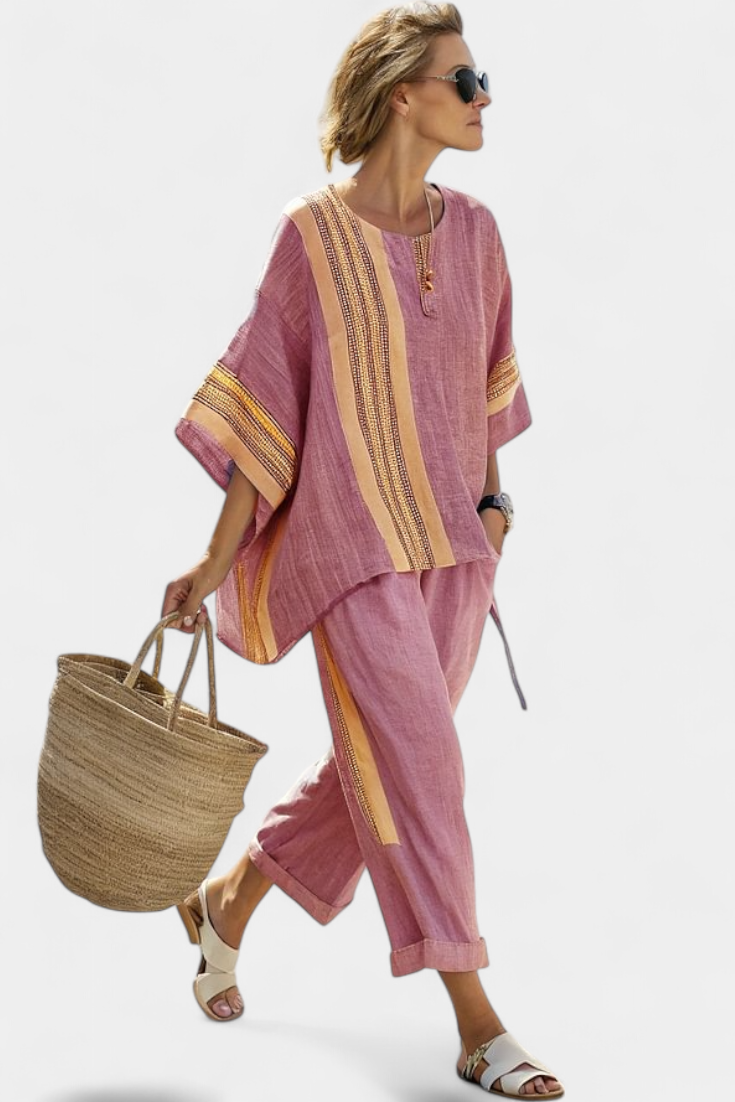 Half Sleeve Contrast Stripe Top and Pants Two Piece Set 8