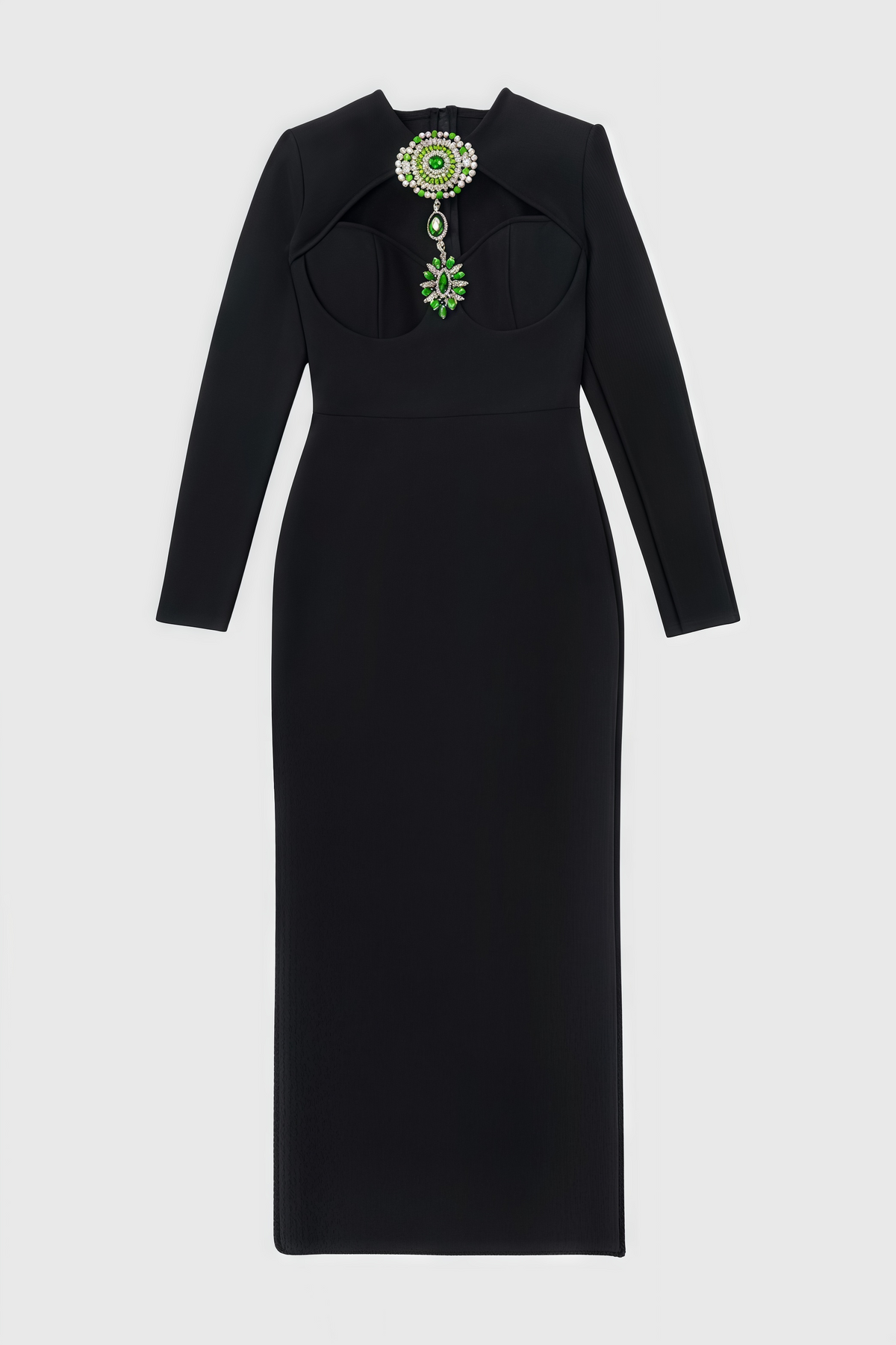 Crystal Brooch Chest Cut Out Long Sleeve Column Maxi Gown - View 3