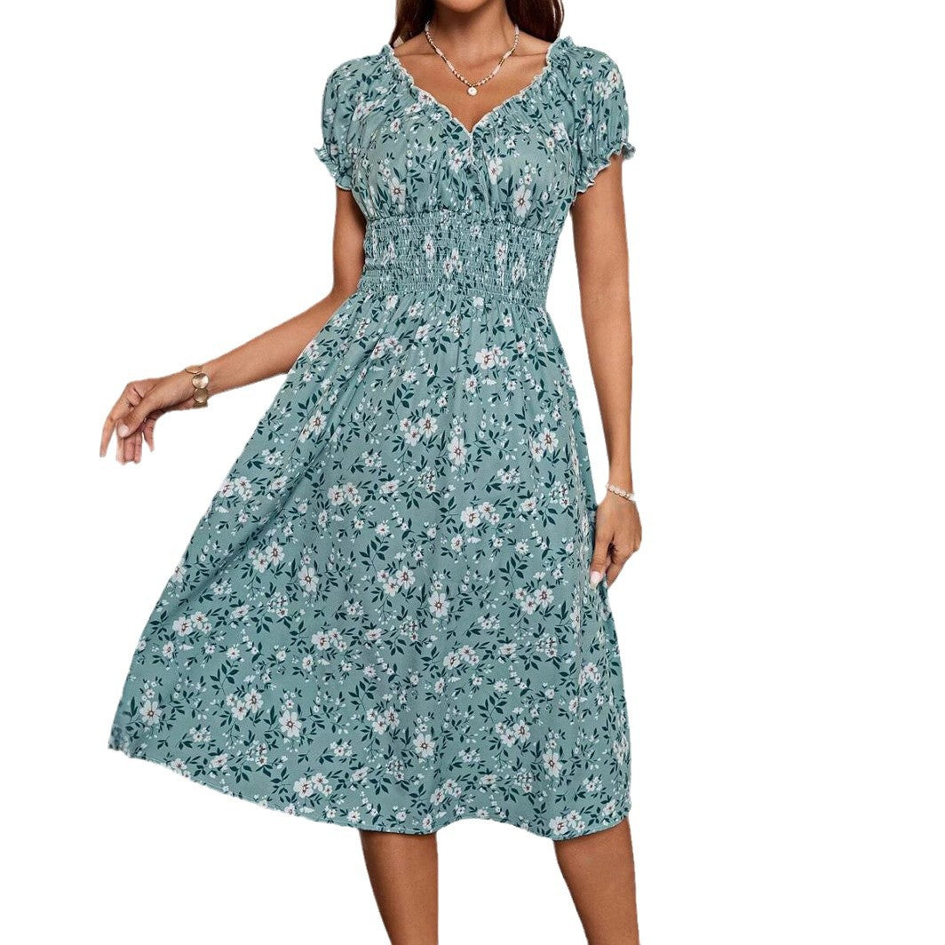 Floral V-Neck Short Sleeve Smocked Waist Fit and Flare Midi Dress - View 5