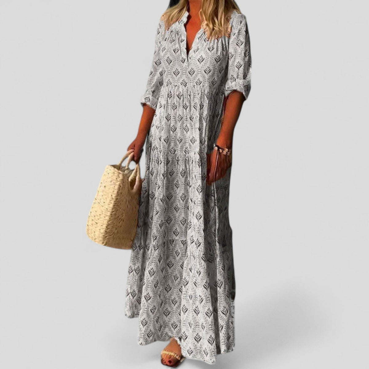 Geometric Print V-Neck Half Sleeve Tiered Maxi Dress 2