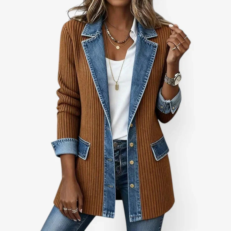 Denim Contrast Ribbed Lapel Button Front Longline Jacket 3