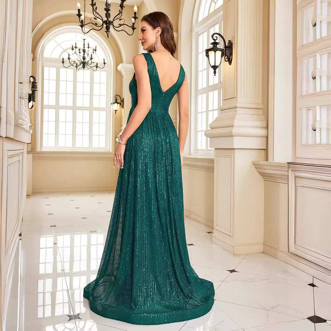Sequin V-Neck Sleeveless Ruched Waist A-Line Maxi Gown - View 2