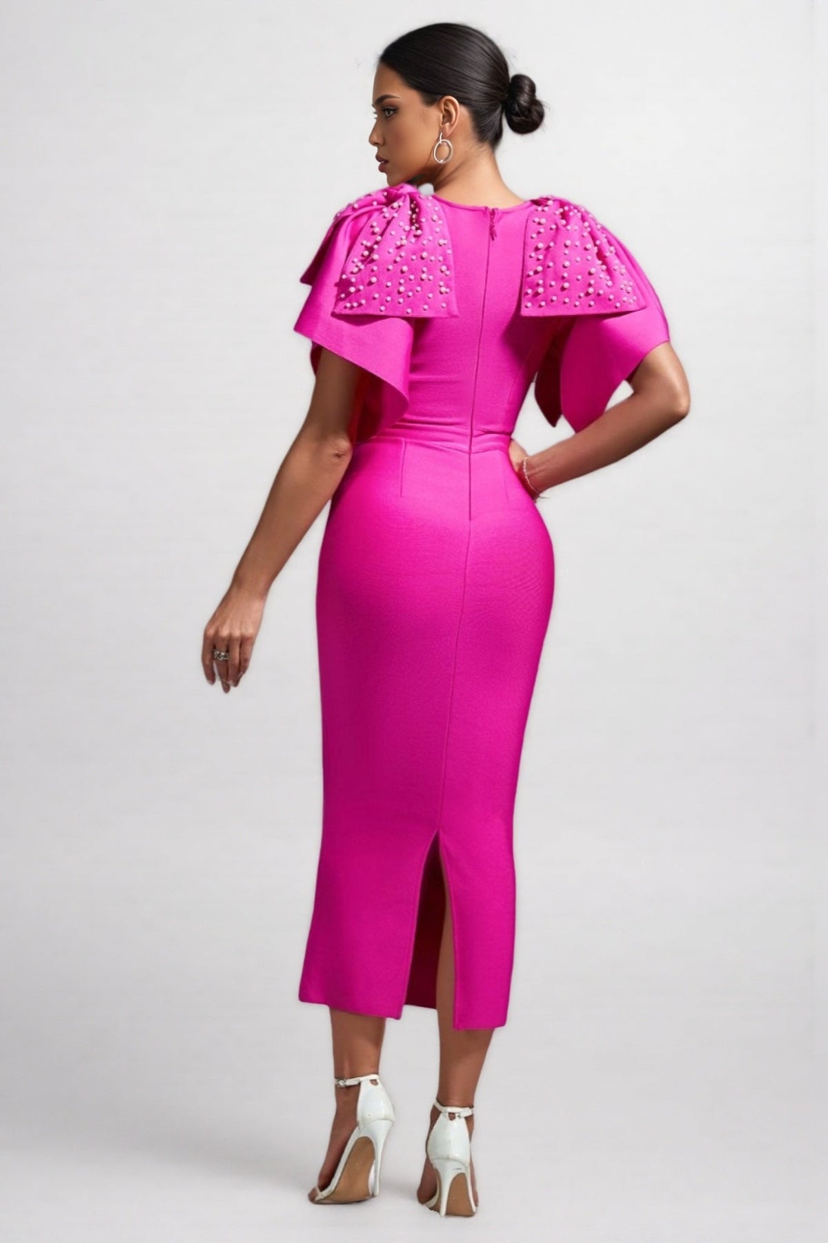 Pearl Embellished Ruffle Cape Sleeve Bodycon Midi Dress - View 5