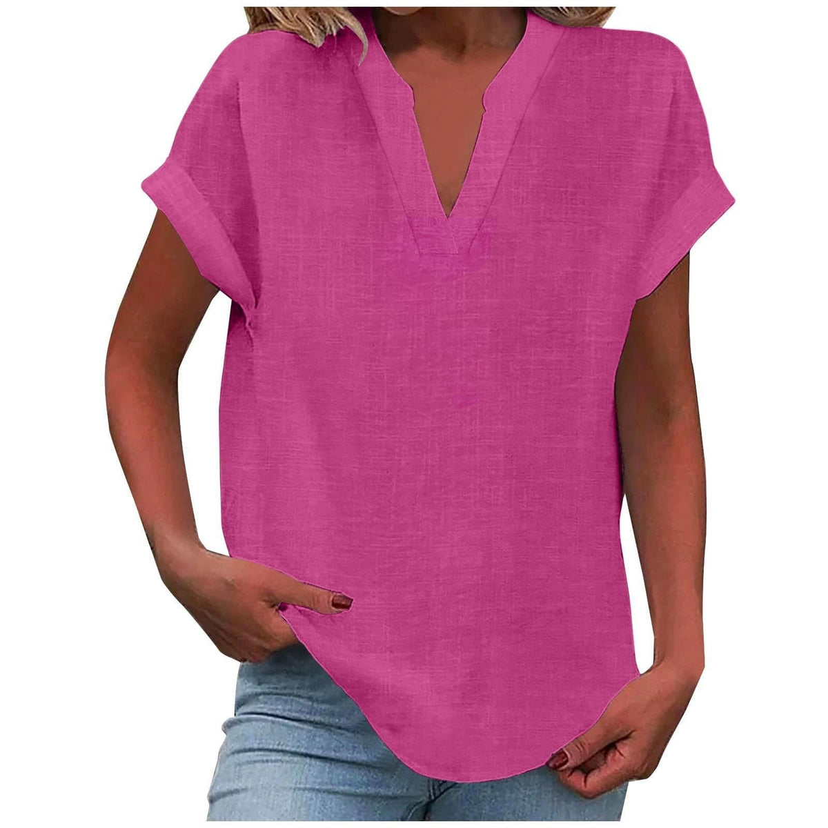 Split V-Neck Short Sleeve Linen Blouse 10