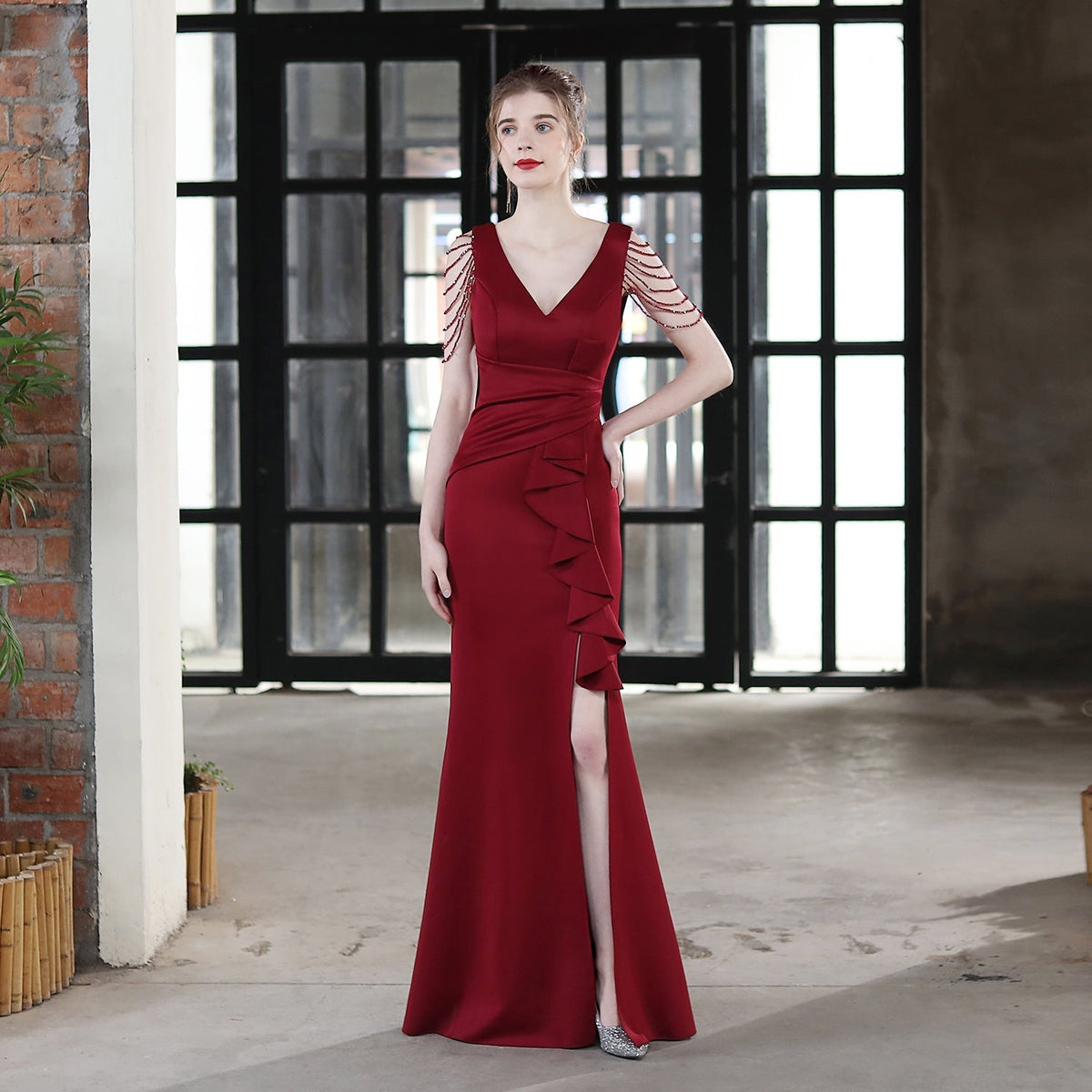 Deep V-Neck Beaded Shoulder Fringe Wrap Waist Side Maxi Gown - View 2