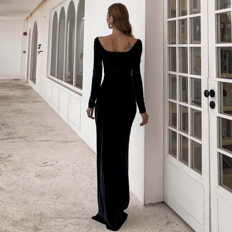 Velvet Sweetheart Long Sleeve Ruched High Split Maxi Gown - View 4