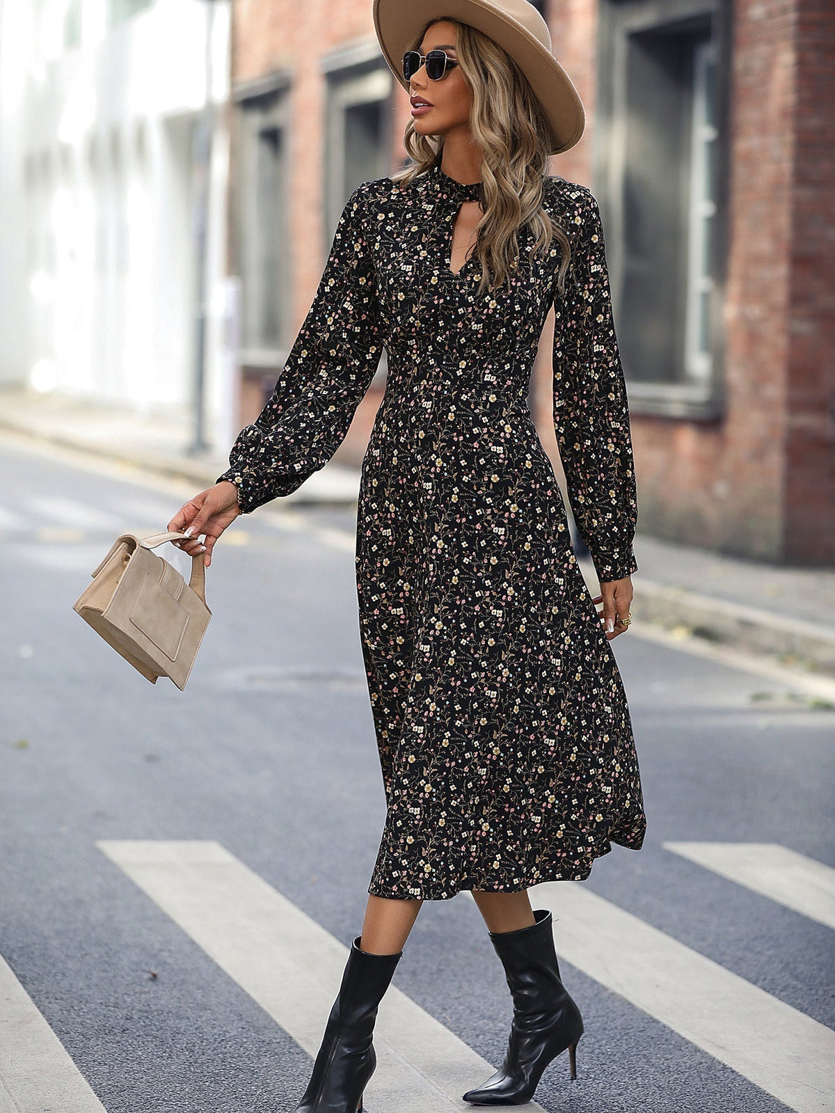 Floral Print Mock Neck Keyhole Bishop Sleeve A-Line Midi Dress - View 5