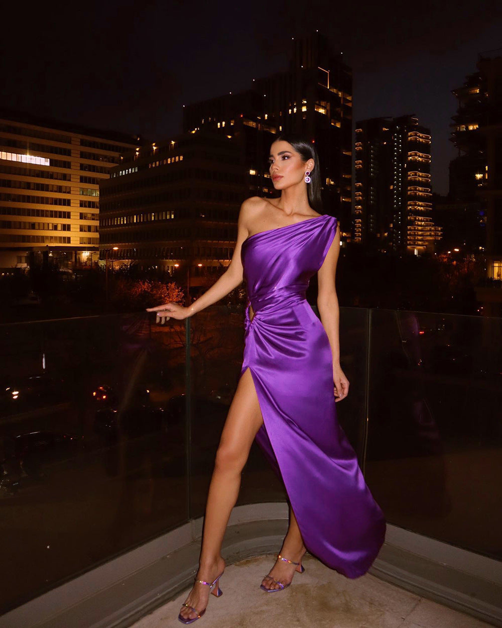 Satin One Shoulder Cut Out Ring Waist Ruched High Split Maxi Gown - View 3