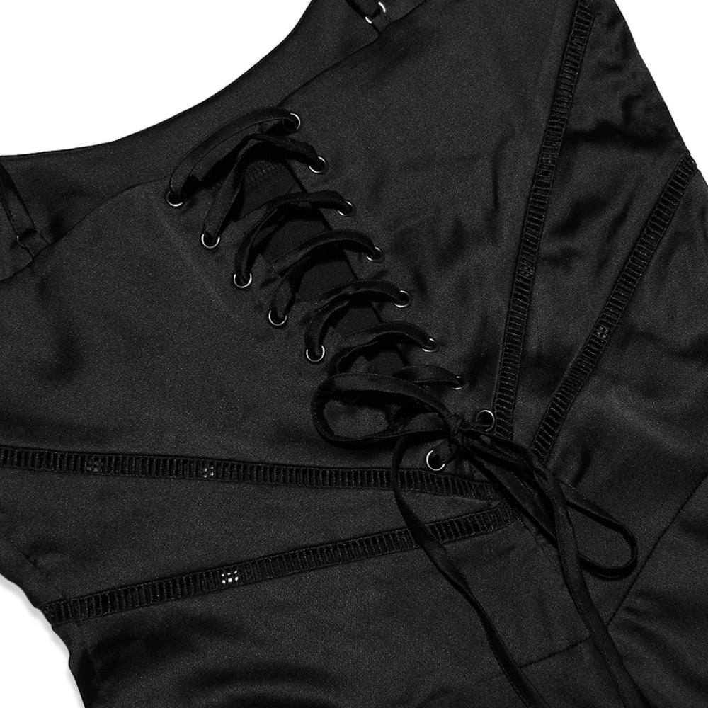 Square Neck Lace Up Back Satin Slip Maxi Dress - View 9
