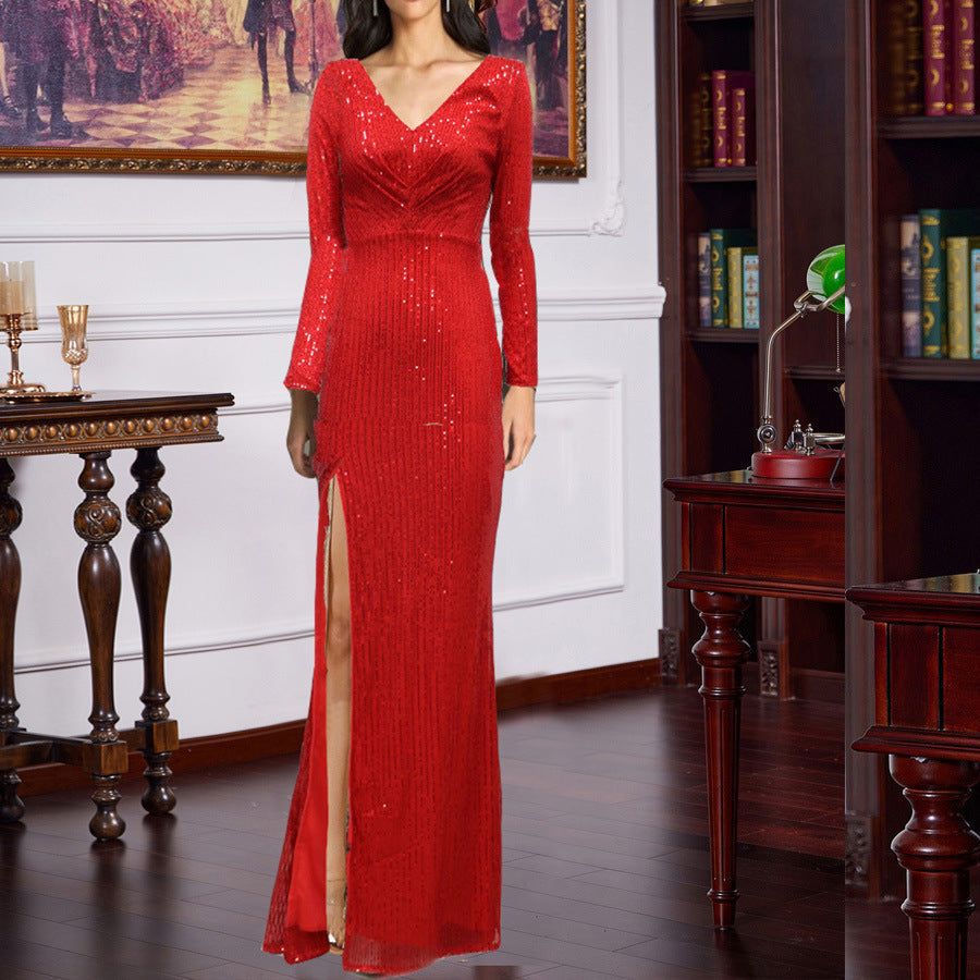 Sequin Deep V-Neck Long Sleeve High Split Mermaid Evening Gown - View 2