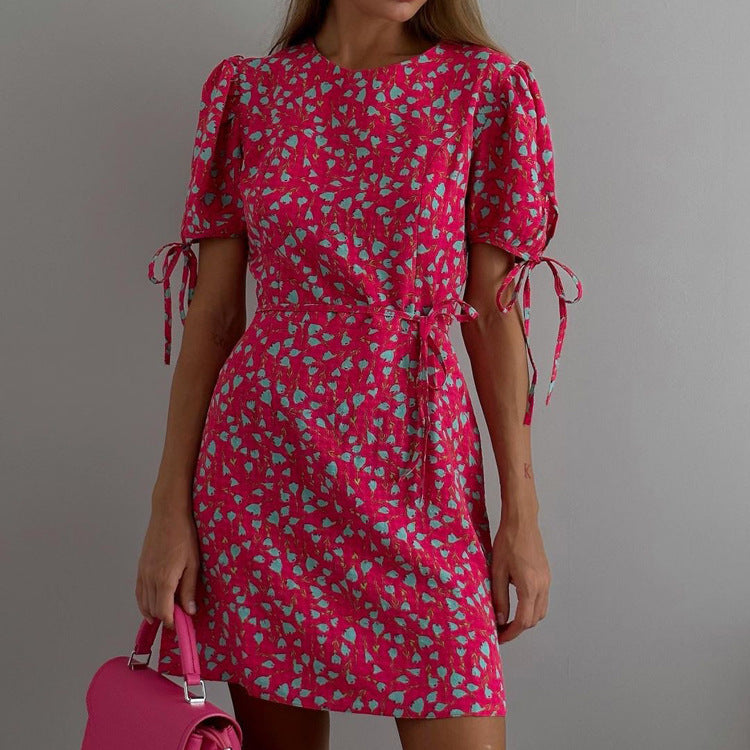 Floral Round Neck Short Sleeve Tie Cuff Lace Up Waist Mini Dress
