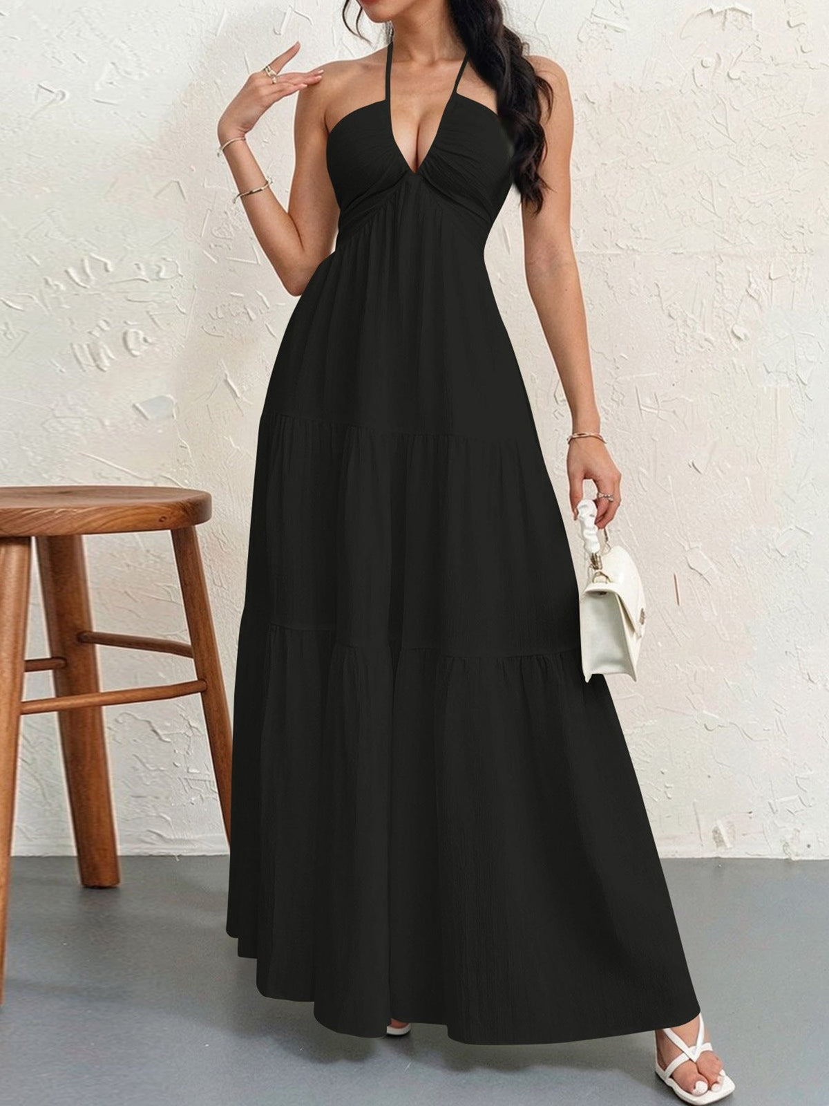 Halter Neck Deep V-Neck Tiered Maxi Dress 2