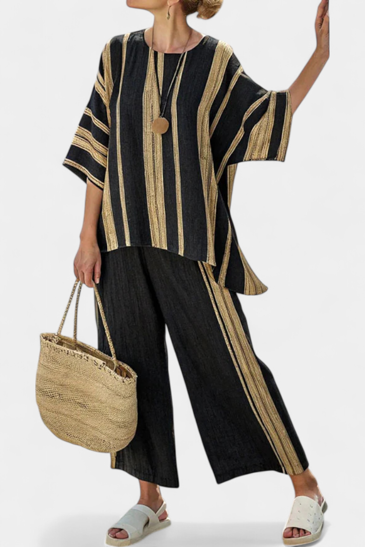 Striped Short Sleeve Top and Wide Leg Pants Two Piece Set 2
