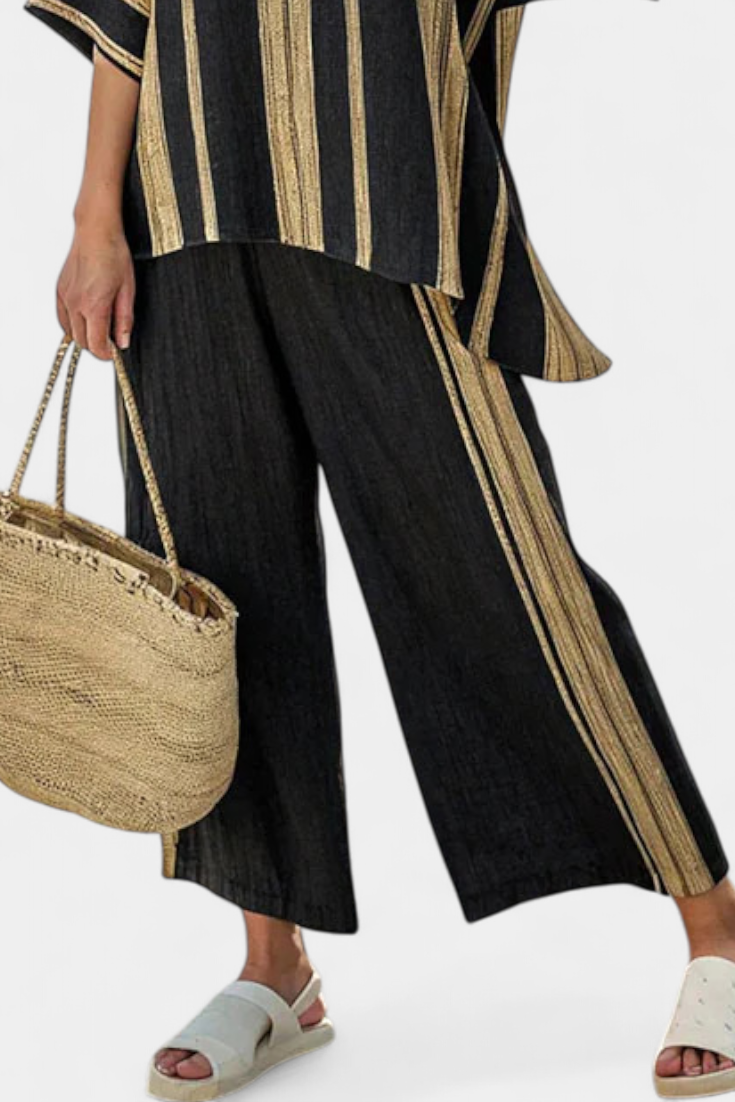 Striped Short Sleeve Top and Wide Leg Pants Two Piece Set 4