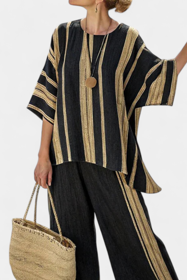Striped Short Sleeve Top and Wide Leg Pants Two Piece Set 3