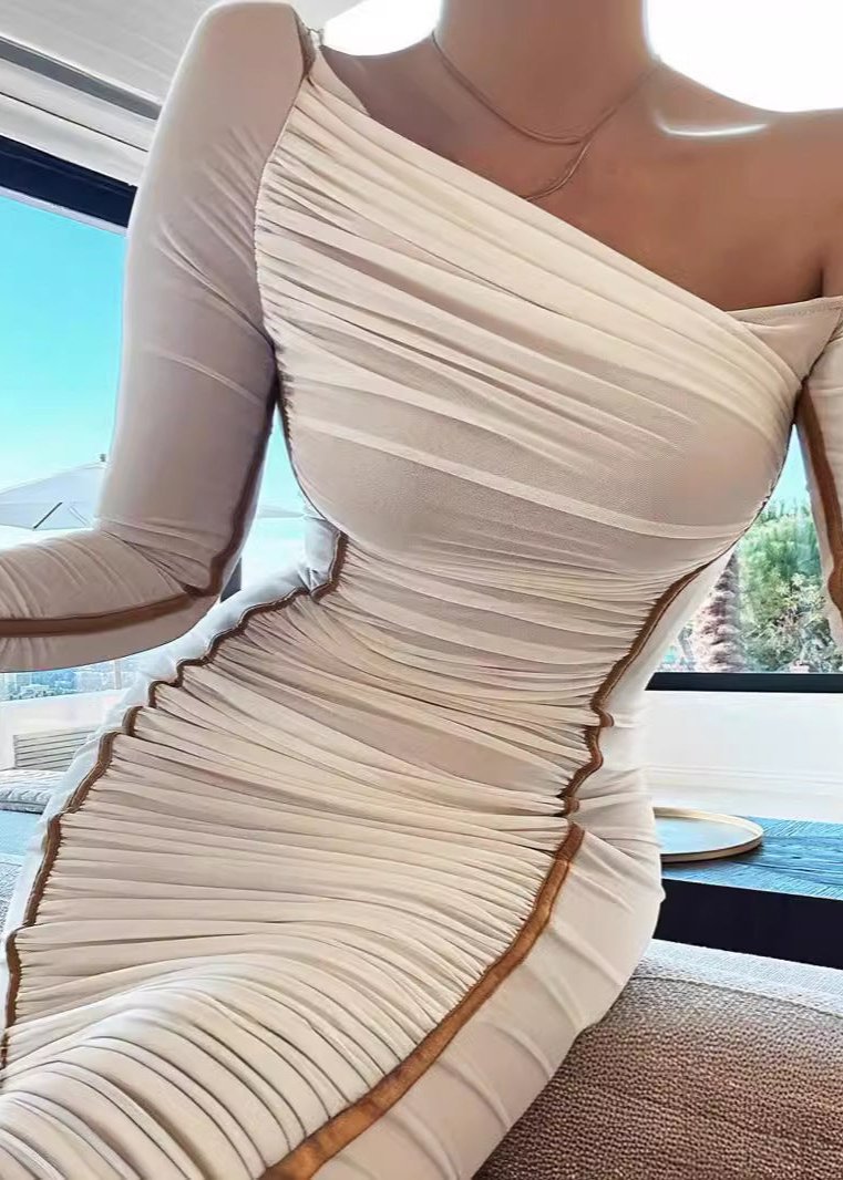 Asymmetrical Elegance Mesh Midi Dress in Beige - View 6