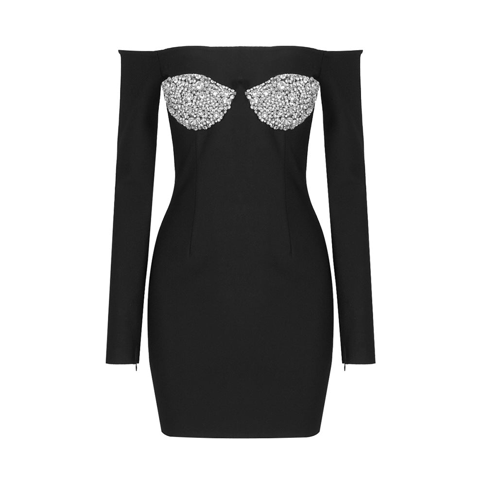 Bandage Off Shoulder Long Sleeve Rhinestone Bodycon Mini Dress - View 5