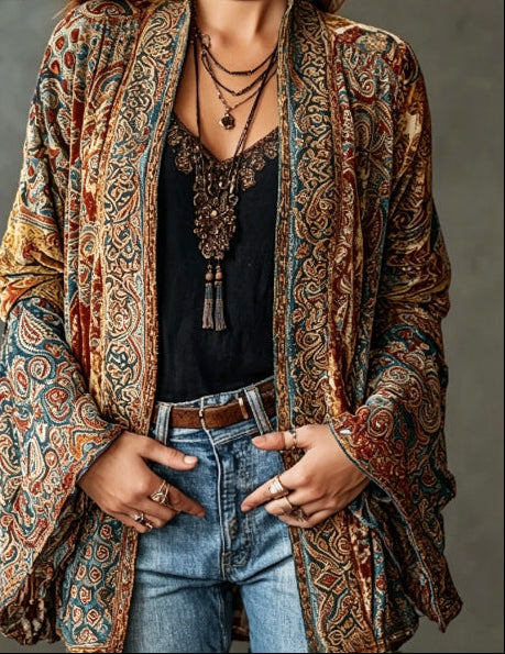 Paisley Velvet Boho Open Front Kimono Cardigan 7