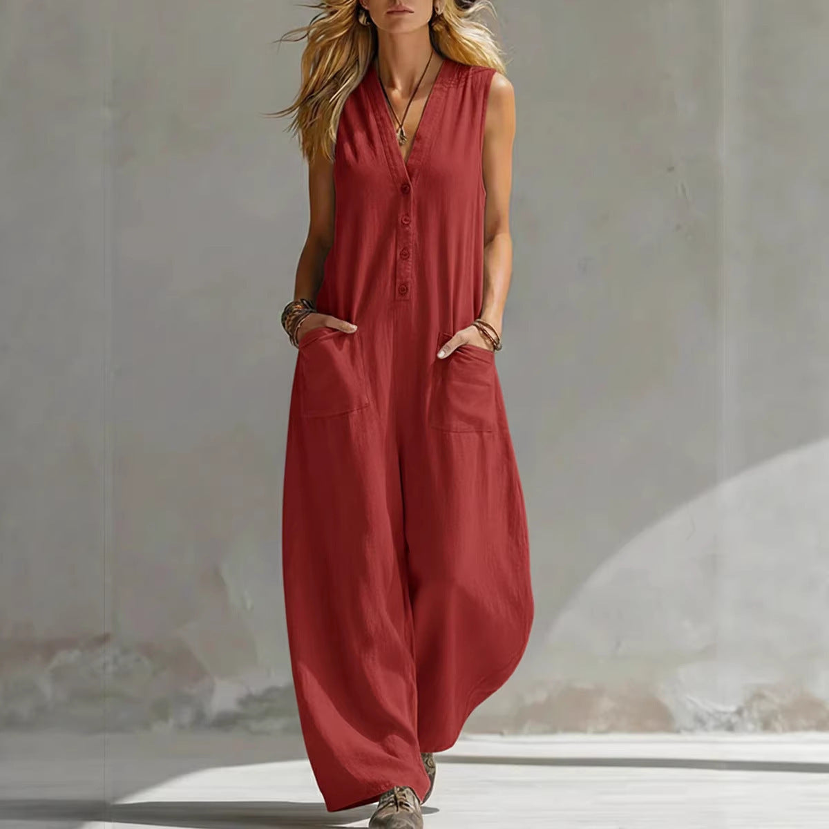 V-Neck Sleeveless Button Front Wide Leg Jumpsuit with Pockets 5