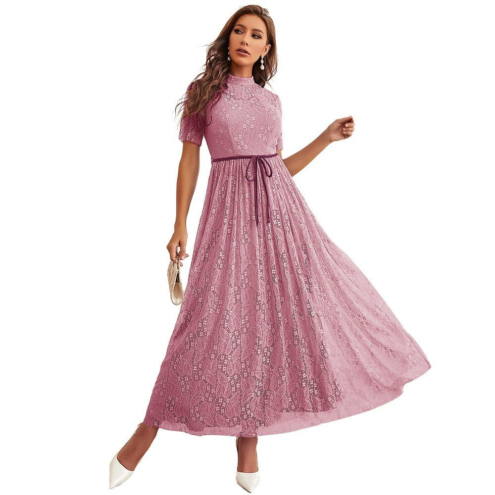 Mock Neck Short Sleeve Lace Belted A-Line Maxi Dress - View 6