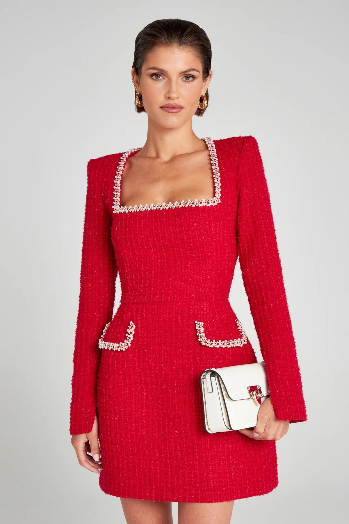 Tweed Pearl Trim Square Neck Long Sleeve Pocketed Mini Dress - View 4