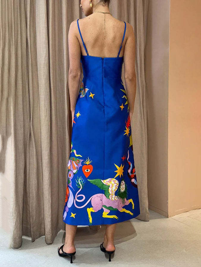 Summer Sexy Satin Backless Printed Sleeveless Midi Dress in Blue - View 4