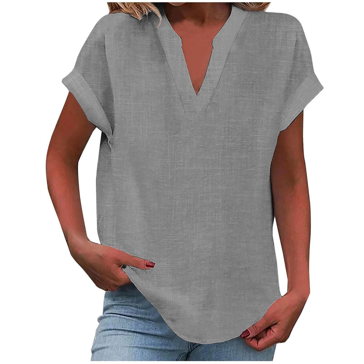 Split V-Neck Short Sleeve Linen Blouse 5