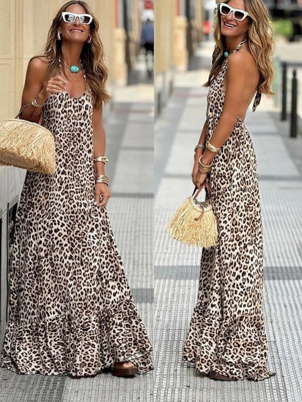 Leopard Print Spaghetti Strap Deep V-Neck Tiered Ruffle Hem Maxi Dress - View 4