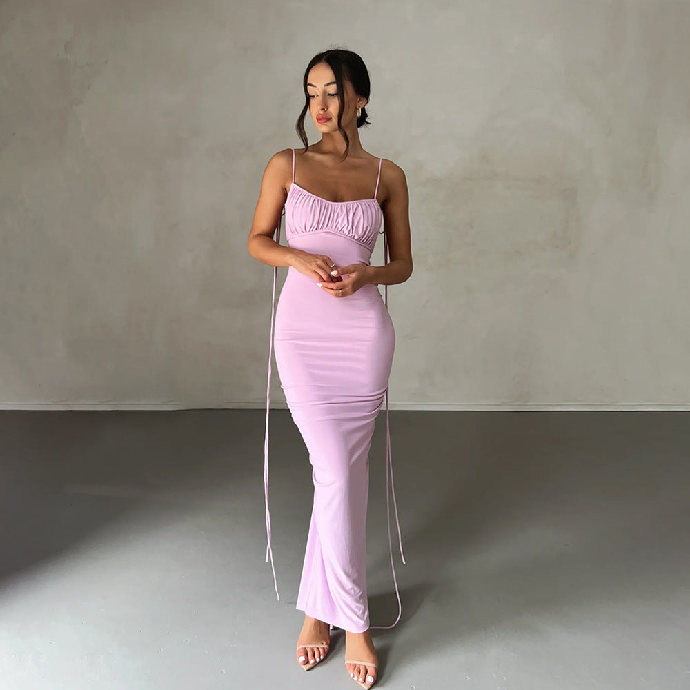Backless Tie Shoulder Spaghetti Strap Ruched Bodycon Maxi Dress - View 2