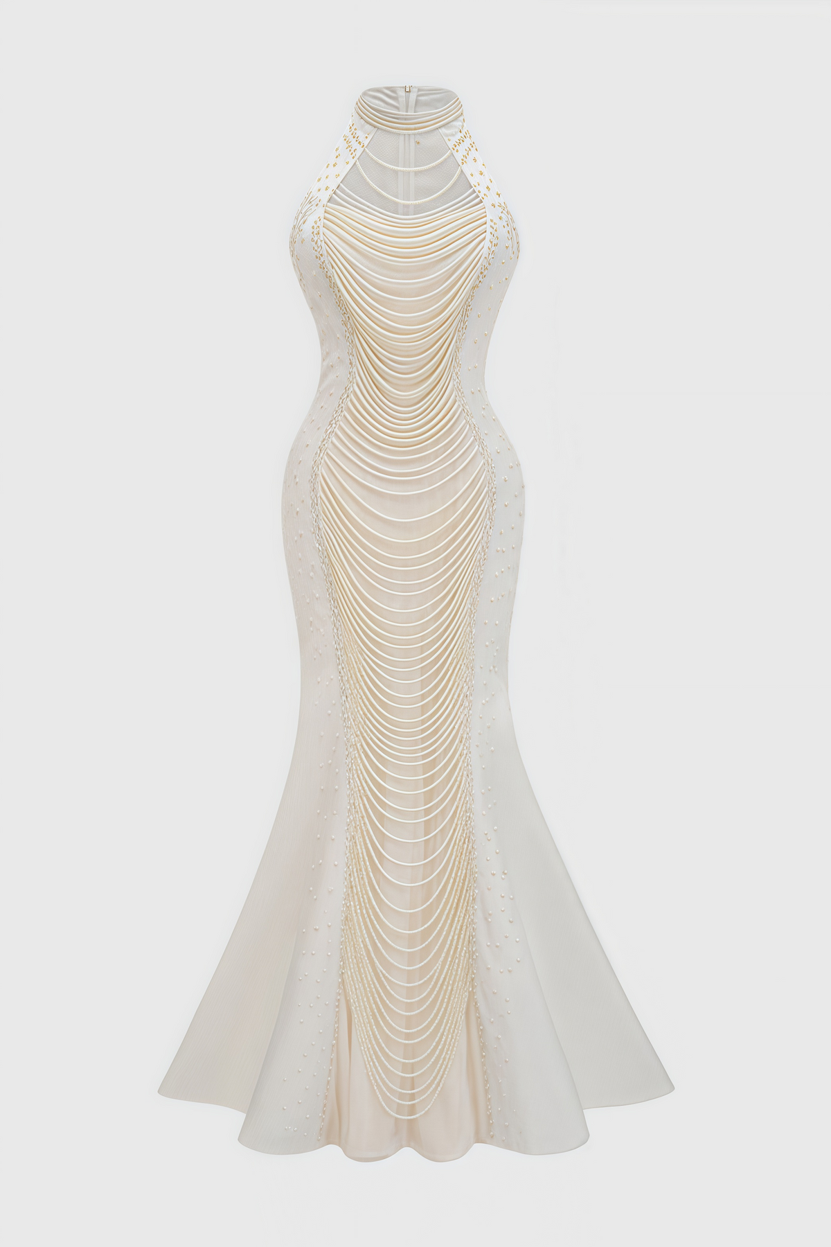 Pearl Beaded Halter Keyhole Cascade Fringe Mermaid Gown - View 4